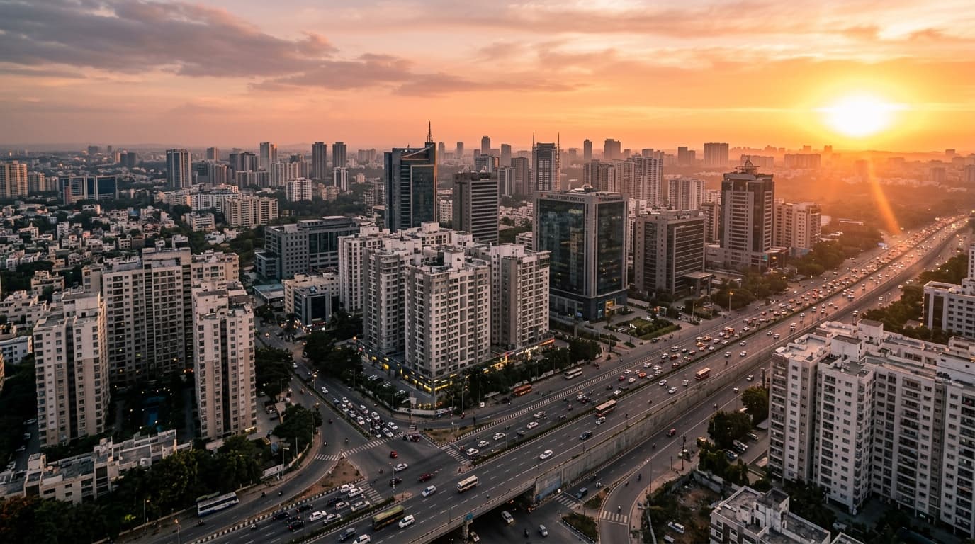Bangalore Skyline and Arterial Highway Corridor at Sunset