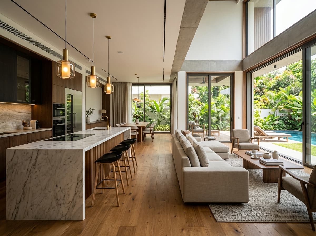 Spacious modern luxury villa interior and designer kitchen